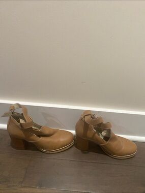 Seychelles Cognac Leather Mary Jane Block Heels with Ankle Straps.